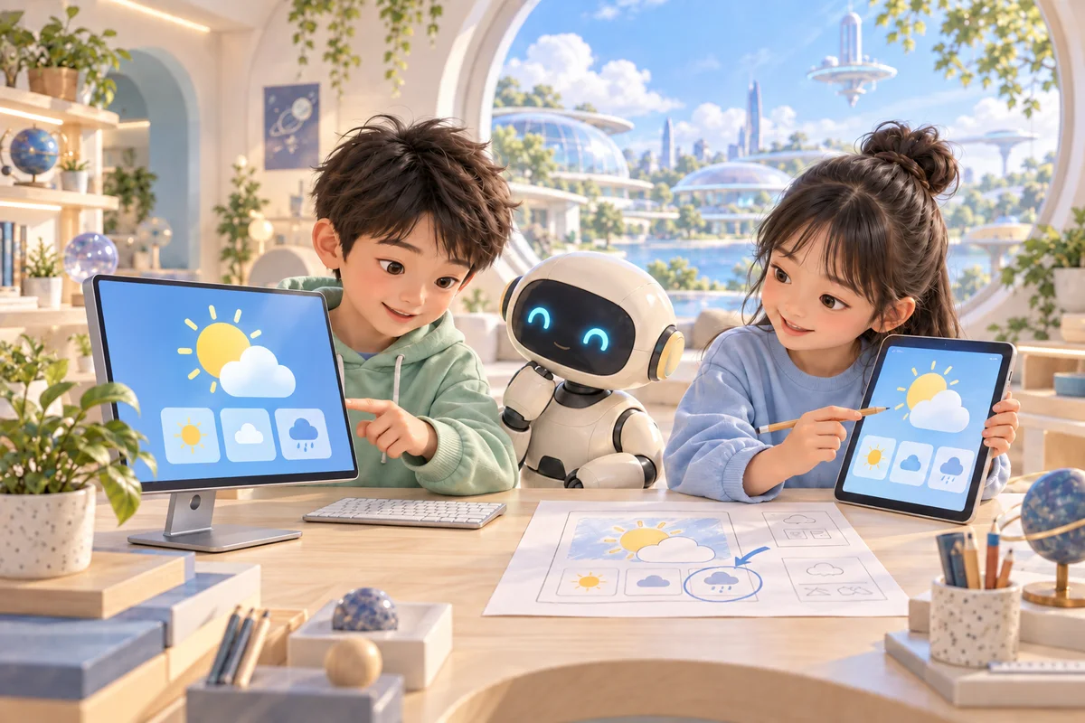 孩子与 AI 机器人对照网页草图,在电脑和平板上检查天气小站的界面