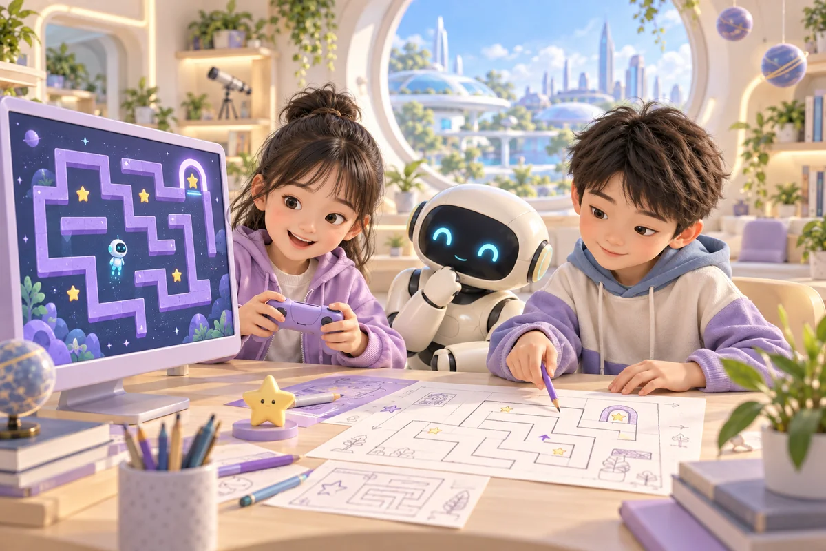 孩子试玩星际迷宫,并在纸上修改路线,AI 机器人协助他们检查设计