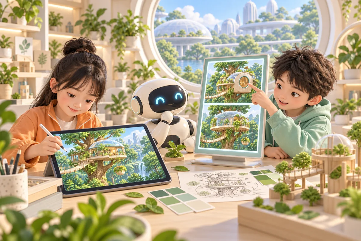 孩子与 AI 机器人比较森林家园的两种画面,并用画笔调整自己的设计