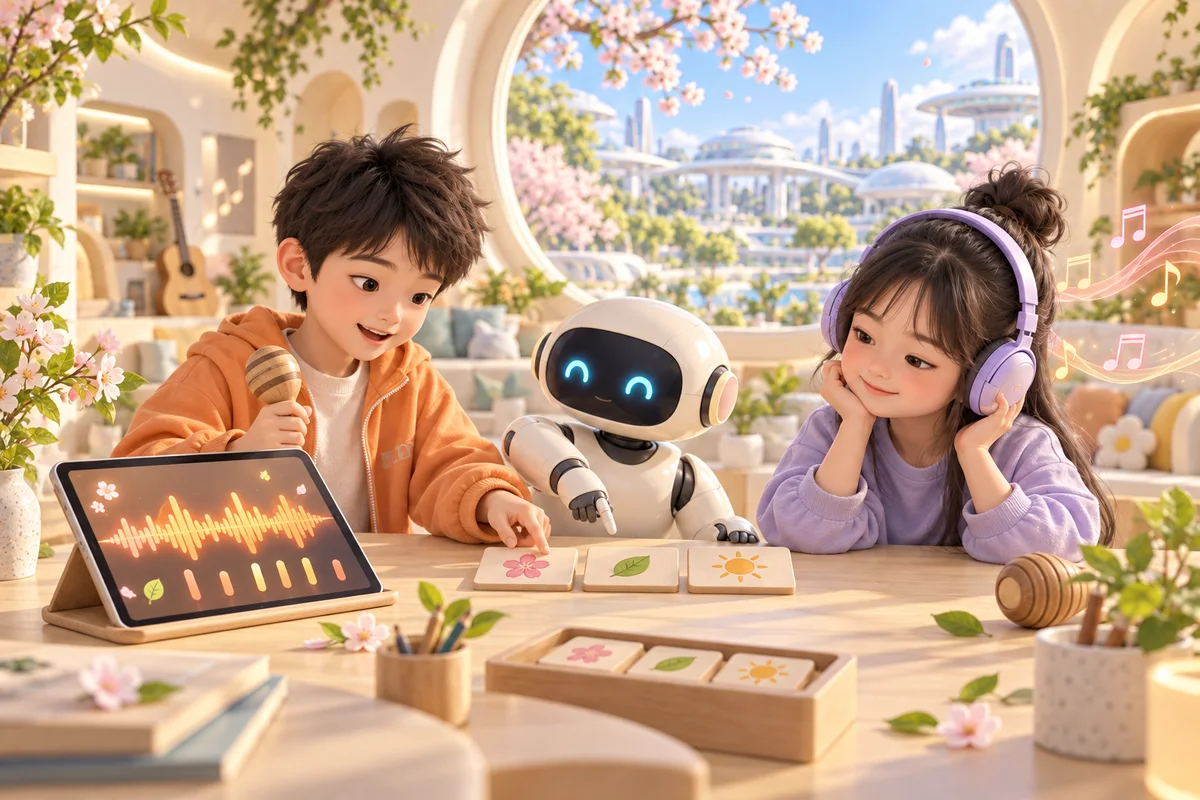 孩子在 AI 机器人陪伴下描述春天的感受,听音乐并调整节奏构想