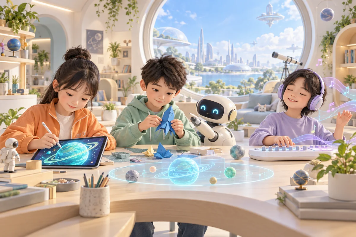 孩子与小机器人一起探索图像、音乐和动手创作